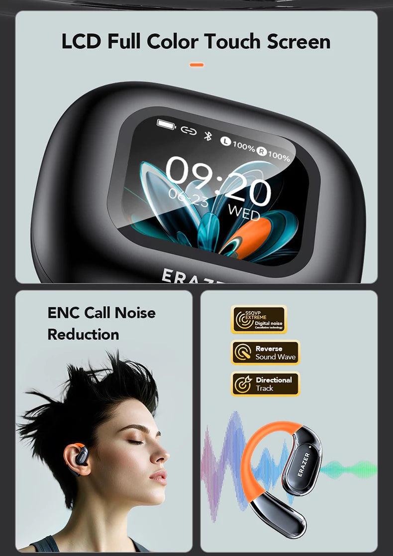 NE27 Bluetooth V5.4 Earphones OWS Sports Bluetooth Wireless Headphones AI Translator Earbuds LCD Touch Screen Open-Ear