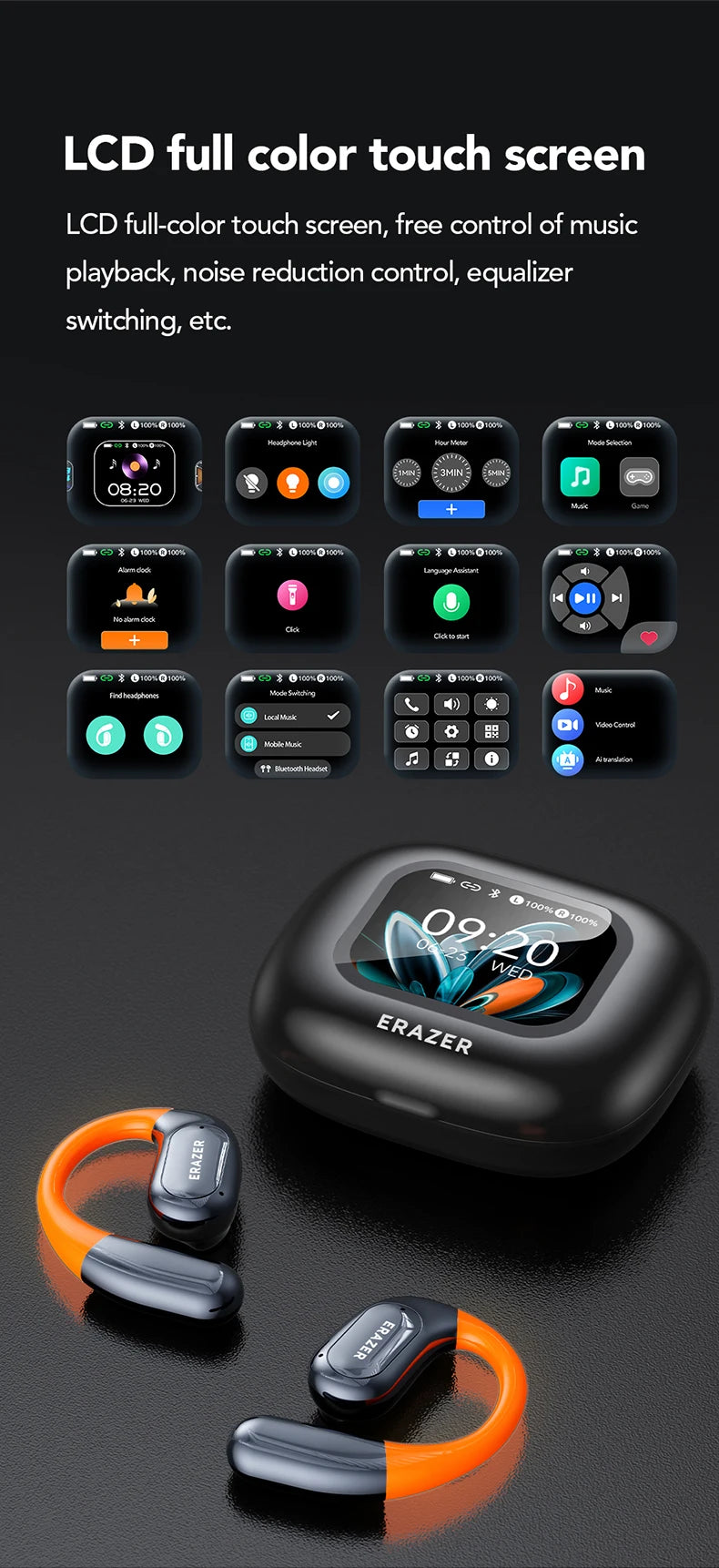 NE27 Bluetooth V5.4 Earphones OWS Sports Bluetooth Wireless Headphones AI Translator Earbuds LCD Touch Screen Open-Ear